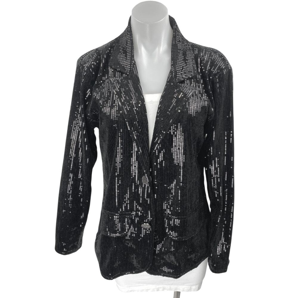 NEW Anna Kaci Black Sequin Sparkly Long Sleeve Button Blazer Coat Jacket Size M